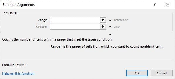 The Function Arguments box will appear