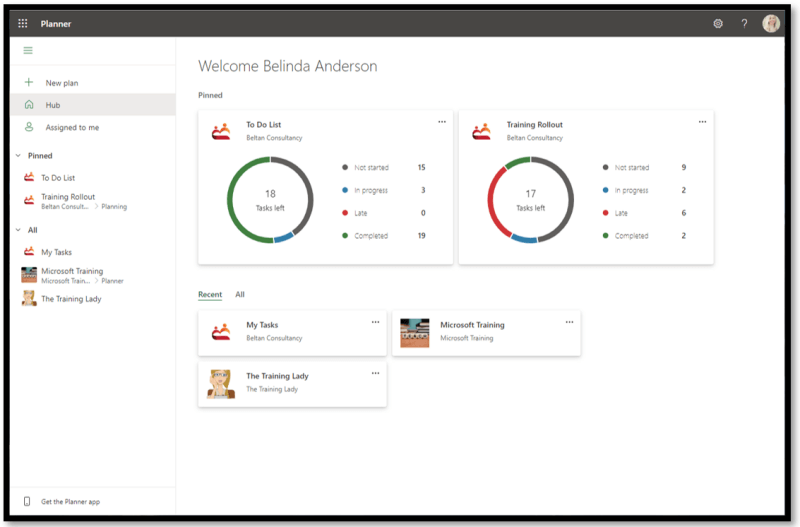 Explore the Microsoft Planner Hub which outlines recent plans and tasks.